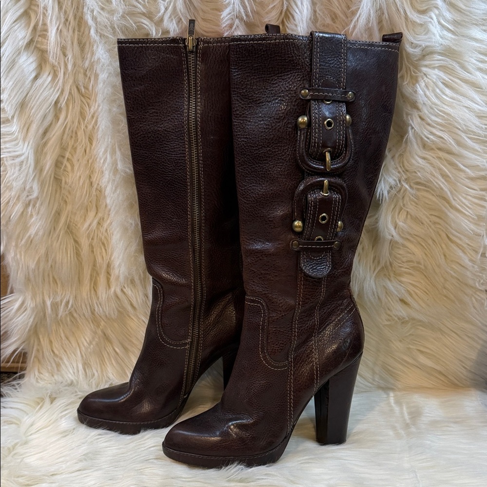 Frye Brown Leather Mid-Calf Heeled Boots with Buckle Detail